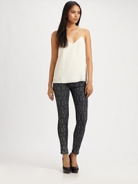 Contrasting lace print gives these classically styled skinnies a dash of vintage allure. THE FITRise, about 8Inseam, about 32THE DETAILSButton closureZip flyFive-pocket styleZippered cuffs98% cotton/2% elastaneMachine washMade in USA of Italian fabricModel shown is 5'11 (178cm) wearing US size 4. Contrasting lace print gives these classically styled skinnies a dash of vintage allure. THE FITRise, about 8Inseam, about 32THE DETAILSButton closureZip flyFive-pocket styleZippered cuffs98% cotton/2% elastaneMachine washMade in USA of Italian fabricModel shown is 5'11 (178cm) wearing US size 4.