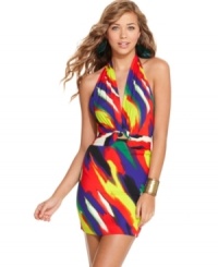 An explosion of invigorating colors -- plus a feisty, halter strap design -- makes this dress from Rampage a total party! An explosion of invigorating colors -- plus a feisty, halter strap design -- makes this dress from Rampage a total party!