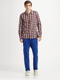 Crisp, cool cotton in a flawless, straight-leg fit makes this richly-hued chino an exciting complement to your off-duty wardrobe.Flat-front styleSide slash, back welt pocketsInseam, about 34CottonMachine washImported Crisp, cool cotton in a flawless, straight-leg fit makes this richly-hued chino an exciting complement to your off-duty wardrobe.Flat-front styleSide slash, back welt pocketsInseam, about 34CottonMachine washImported