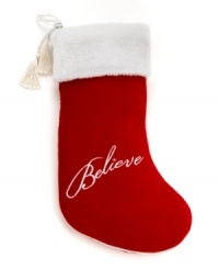 Show you believe. A plush white cuff, red boot and elegant rope and tassel trim make this quintessential Christmas stocking a festive addition to any holiday home. Show you believe. A plush white cuff, red boot and elegant rope and tassel trim make this quintessential Christmas stocking a festive addition to any holiday home.