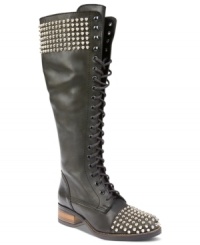 Welcome the season's trendiest details into your life. Steve Madden's Baxter tall boots feature dramatic studding all along the top of the shaft and on the toe. Welcome the season's trendiest details into your life. Steve Madden's Baxter tall boots feature dramatic studding all along the top of the shaft and on the toe.