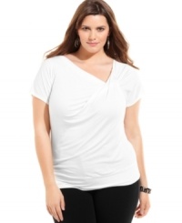 Upgrade your plain tees for AGB's short sleeve plus size top, featuring an elegantly draped neckline-- dress it up with trousers or down with denim. Upgrade your plain tees for AGB's short sleeve plus size top, featuring an elegantly draped neckline-- dress it up with trousers or down with denim.