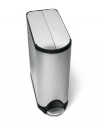 A step up! The perfect fit for stashing under low countertops, this split butterfly door trash can features an extra strong all-steel pedal that closes slowly and silently to keep trash out of sight and out of mind. Engineered to keep a low profile, the internal hinge and slim shape align right up against the wall, while the bag tuck opening hides excess lining for an always clean appearance. 10-year warranty. A step up! The perfect fit for stashing under low countertops, this split butterfly door trash can features an extra strong all-steel pedal that closes slowly and silently to keep trash out of sight and out of mind. Engineered to keep a low profile, the internal hinge and slim shape align right up against the wall, while the bag tuck opening hides excess lining for an always clean appearance. 10-year warranty.