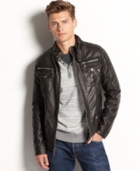 From X-Ray, a zip-up jacket that combines the best of a classic bomber with all the essential elements of this season's must-have moto jacket. In faux leather with front zipper, snap front pockets, and collar buckle. From X-Ray, a zip-up jacket that combines the best of a classic bomber with all the essential elements of this season's must-have moto jacket. In faux leather with front zipper, snap front pockets, and collar buckle.