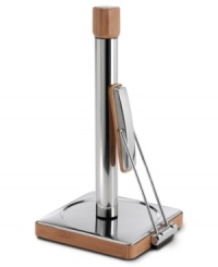 A smooth roll one sheet at a time from a handsome natural bamboo paper towel holder with a stainless steel weighted base that provides steadiness and a tension arm that applies just the right amount of pressure. 5-year warranty. A smooth roll one sheet at a time from a handsome natural bamboo paper towel holder with a stainless steel weighted base that provides steadiness and a tension arm that applies just the right amount of pressure. 5-year warranty.
