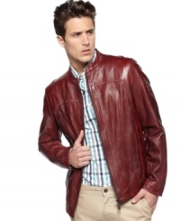 Pull off sleek style by putting on this moto-inspired leather jacket from Hugo Boss ORANGE. Pull off sleek style by putting on this moto-inspired leather jacket from Hugo Boss ORANGE.