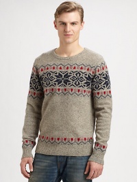 A soft, sumptuous wool blend is knitted in a playful and colorful Fair Isle pattern for traditional seasonal style.CrewneckRibbed knit collar, cuffs and hem80% wool/20% nylonDry cleanImported A soft, sumptuous wool blend is knitted in a playful and colorful Fair Isle pattern for traditional seasonal style.CrewneckRibbed knit collar, cuffs and hem80% wool/20% nylonDry cleanImported