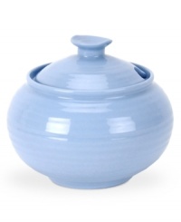 Like a blooming bed of forget-me-nots, this powder-blue porcelain dinnerware has a fresh, natural vibrance. A hand thrown texture gives the round sugar bowl the irresistible charm of traditional pottery.