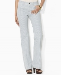 Lauren Jeans Co.'s vintage-inspired railroad-striped denim is constructed into a chic wide-leg pant, which is finished with laced detailing at the back of the waist for a modern element. Lauren Jeans Co.'s vintage-inspired railroad-striped denim is constructed into a chic wide-leg pant, which is finished with laced detailing at the back of the waist for a modern element.