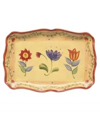 A Tuscan-inspired pattern with warm, sun-drenched colors and scalloped edges gives this platter an old-world feel. From Pfaltzgraff's dinnerware and dishes collection. A Tuscan-inspired pattern with warm, sun-drenched colors and scalloped edges gives this platter an old-world feel. From Pfaltzgraff's dinnerware and dishes collection.