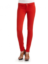 THE LOOKColored skinny leg denim jeansWaistband with belt loopsZip fly with button closureMock curved front pocketsInner right key pocketBack patch pocketsTHE FITRise, about 7Inseam, about 30THE MATERIAL98% cotton/2% spandexCARE & ORIGINMachine washImportedModel shown is 5'11 (180cm) wearing US size 4. THE LOOKColored skinny leg denim jeansWaistband with belt loopsZip fly with button closureMock curved front pocketsInner right key pocketBack patch pocketsTHE FITRise, about 7Inseam, about 30THE MATERIAL98% cotton/2% spandexCARE & ORIGINMachine washImportedModel shown is 5'11 (180cm) wearing US size 4.