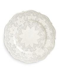 Handcrafted in the Italian tradition, the Merletto salad plate is intricately embellished with a lacy floral texture and painted a creamy antique white. An elegant companion to Arte Italica dinnerware. Handcrafted in the Italian tradition, the Merletto salad plate is intricately embellished with a lacy floral texture and painted a creamy antique white. An elegant companion to Arte Italica dinnerware.