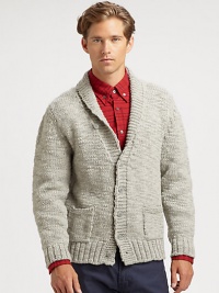 Shawl collar cardigan shaped in a textured, wool knit for a cozy fit.Button-frontShawl collar< Waist patch pocketsWoolDry cleanImported Shawl collar cardigan shaped in a textured, wool knit for a cozy fit.Button-frontShawl collar< Waist patch pocketsWoolDry cleanImported