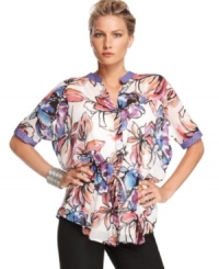 Mixed prints give this petite blouse from Calvin Klein a fashion-forward twist, while the sheer, floral patterned silhouette is spot-on for spring. (Clearance) Mixed prints give this petite blouse from Calvin Klein a fashion-forward twist, while the sheer, floral patterned silhouette is spot-on for spring. (Clearance)
