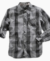 In this grid plaid shirt from DKNY, he'll see a sleek smart style materialize before his own eyes. In this grid plaid shirt from DKNY, he'll see a sleek smart style materialize before his own eyes.