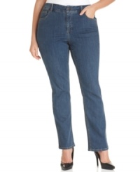 Snag polished casual style with Jones New York Signature's plus size straight leg jeans, finished by a medium wash. Snag polished casual style with Jones New York Signature's plus size straight leg jeans, finished by a medium wash.