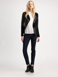 Fitted jacket of supple leather has an asymmetrical zipper and allover suede-like panels. RoundneckAsymmetrical front zipperLong sleevesZippered slash pocketsFully linedAbout 24 from shoulder to hemBody: LeatherTrim: 50% acrylic/30% polyester/15% cotton/5% spandexDry clean with leather specialistImportedModel shown is 5'9½ (176cm) wearing US size Small. Fitted jacket of supple leather has an asymmetrical zipper and allover suede-like panels. RoundneckAsymmetrical front zipperLong sleevesZippered slash pocketsFully linedAbout 24 from shoulder to hemBody: LeatherTrim: 50% acrylic/30% polyester/15% cotton/5% spandexDry clean with leather specialistImportedModel shown is 5'9½ (176cm) wearing US size Small.