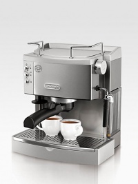 Enjoy delicious espresso made your way with this pump espresso and cappuccino maker. Choose to brew ground espresso or use ESE pods with the unique patented dual-filter holder. The sempre crema filter, used with two measures of ground coffee, enhances the brewing process to produce a perfect crema. The ESE filter, used with pods or one measure of ground coffee, makes espresso preparation simple and convenient. Enjoy delicious espresso made your way with this pump espresso and cappuccino maker. Choose to brew ground espresso or use ESE pods with the unique patented dual-filter holder. The sempre crema filter, used with two measures of ground coffee, enhances the brewing process to produce a perfect crema. The ESE filter, used with pods or one measure of ground coffee, makes espresso preparation simple and convenient.