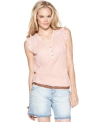 Soften cut-off denim shorts when you pair them with this flirty top from DKNY Jeans. Rendered from semi-sheer fabric, it lends an airy, bohemian touch to your wardrobe. Soften cut-off denim shorts when you pair them with this flirty top from DKNY Jeans. Rendered from semi-sheer fabric, it lends an airy, bohemian touch to your wardrobe.