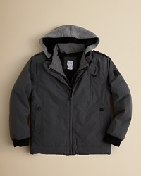 This season HUGO BOSS creates an everyday jacket that coordinates with everything yet refines itself with thoughtful details that make it easy to wear - a comfy fabric hood, a warm faux interior vest that can be worn alone, and snap tabs at the shoulders and waist for a customized look. This season HUGO BOSS creates an everyday jacket that coordinates with everything yet refines itself with thoughtful details that make it easy to wear - a comfy fabric hood, a warm faux interior vest that can be worn alone, and snap tabs at the shoulders and waist for a customized look.