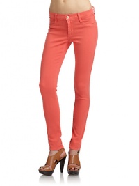 THE LOOKColored medium weight denimNarrow waistband with belt loops and logo button closureFront zipperFront mock pocketsSkinny legBack patch pocketsTHE FITRise, about 7Inseam, about 26THE MATERIAL81% cotton/17% lycra/2% elastaneCARE & ORIGINMachine washMade in USAModel shown is 5'10 (177cm) wearing US size 4. THE LOOKColored medium weight denimNarrow waistband with belt loops and logo button closureFront zipperFront mock pocketsSkinny legBack patch pocketsTHE FITRise, about 7Inseam, about 26THE MATERIAL81% cotton/17% lycra/2% elastaneCARE & ORIGINMachine washMade in USAModel shown is 5'10 (177cm) wearing US size 4.