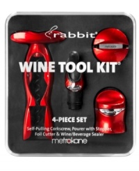 Four essential (and ultra-festive) tools for opening, pouring and sealing a fresh bottle of red, white or bubbly make this Metrokane wine tool kit, featuring the famous Rabbit corkscrew, a pleasure to give and receive. Four essential (and ultra-festive) tools for opening, pouring and sealing a fresh bottle of red, white or bubbly make this Metrokane wine tool kit, featuring the famous Rabbit corkscrew, a pleasure to give and receive.