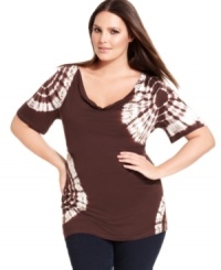 Rock a groovy look with INC's short sleeve plus size top, spotlighting an tie-dyed print-- pair it with your favorite jeans! Rock a groovy look with INC's short sleeve plus size top, spotlighting an tie-dyed print-- pair it with your favorite jeans!