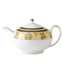 The exotic India dinnerware pattern presents a pattern of exquisitely detailed florals on a yellow and deep blue band against pure white bone china. The exotic India dinnerware pattern presents a pattern of exquisitely detailed florals on a yellow and deep blue band against pure white bone china.