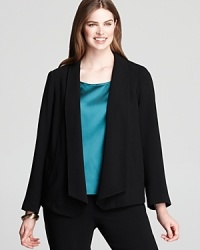 Sleek tailoring and an angled hem give this Eileen Fisher Plus jacket a super-feminine feel. Slip the style over cocktail dresses for a punch of modernity. Sleek tailoring and an angled hem give this Eileen Fisher Plus jacket a super-feminine feel. Slip the style over cocktail dresses for a punch of modernity.