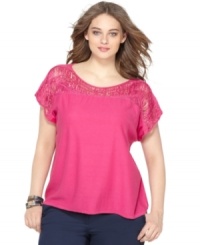 A beaded yoke lends a unique finish to DKNYC's short sleeve plus size top-- it's a perfect match with denim! A beaded yoke lends a unique finish to DKNYC's short sleeve plus size top-- it's a perfect match with denim!