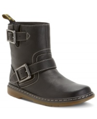Huge buckles and stitching detail around the shaft of Dr. Martens' Gayle booties gives this stylish pair the extra edge you've been looking for. Huge buckles and stitching detail around the shaft of Dr. Martens' Gayle booties gives this stylish pair the extra edge you've been looking for.