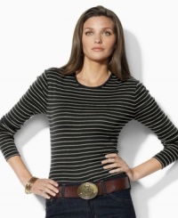 Lauren by Ralph Lauren's classic long-sleeved petite tee is cut from comfortable ribbed cotton with a patch pocket at the left sleeve featuring Ralph Lauren's embroidered monogram. Lauren by Ralph Lauren's classic long-sleeved petite tee is cut from comfortable ribbed cotton with a patch pocket at the left sleeve featuring Ralph Lauren's embroidered monogram.