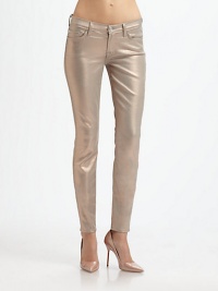 Coated with a metallic layer, these futuristic, mid-rise skinnies have a liquid-shine finish and retain an excellent stretch, making them the perfect nighttime style. THE FITMedium rise, about 8Inseam, about 30Leg opening, about 10THE DETAILSZip flyFive-pocket style78% cotton/20% polyester/2% spandexHand washMade in USAModel shown is 5'11 (178cm) wearing US size 4. Coated with a metallic layer, these futuristic, mid-rise skinnies have a liquid-shine finish and retain an excellent stretch, making them the perfect nighttime style. THE FITMedium rise, about 8Inseam, about 30Leg opening, about 10THE DETAILSZip flyFive-pocket style78% cotton/20% polyester/2% spandexHand washMade in USAModel shown is 5'11 (178cm) wearing US size 4.