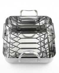 This good-looking roaster is perfect for large items, like turkeys. Mirror-polished 18/10 stainless steel with the superior performance of highly conductive, heavy-gauge aluminum. The core spreads heat evenly and responds to temperature changes quickly. Heavy-duty 18/10 stainless steel handles. Includes a non-stick roast rack. Dishwasher safe. Lifetime warranty. Model LRS1805P. This good-looking roaster is perfect for large items, like turkeys. Mirror-polished 18/10 stainless steel with the superior performance of highly conductive, heavy-gauge aluminum. The core spreads heat evenly and responds to temperature changes quickly. Heavy-duty 18/10 stainless steel handles. Includes a non-stick roast rack. Dishwasher safe. Lifetime warranty. Model LRS1805P.