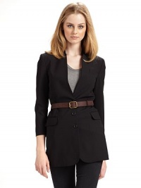 THE LOOKStand collar with angled slitsThree button front ¾ sleeves with five button cuffsSingle welt pocket at chestDual flap pockets at hipsContrast leather belt with buckleVented hem at center backTHE FITAbout 30 from shoulder to hemTHE MATERIAL96% wool/4% Lycra spandexCARE & ORIGINDry clean Imported THE LOOKStand collar with angled slitsThree button front ¾ sleeves with five button cuffsSingle welt pocket at chestDual flap pockets at hipsContrast leather belt with buckleVented hem at center backTHE FITAbout 30 from shoulder to hemTHE MATERIAL96% wool/4% Lycra spandexCARE & ORIGINDry clean Imported