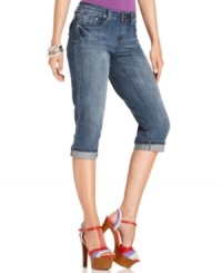 Get a casual chic look with Earl Jean's petite capris! Unique details such as whiskering and fading and rhinestone-studded pockets add oomph! Get a casual chic look with Earl Jean's petite capris! Unique details such as whiskering and fading and rhinestone-studded pockets add oomph!