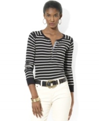 Lauren Jeans Co.'s classic striped crewneck Henley is accented by unexpected elements of chambray at the placket and a charming patch pocket. Lauren Jeans Co.'s classic striped crewneck Henley is accented by unexpected elements of chambray at the placket and a charming patch pocket.