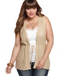 Add a boho layer to your look with Extra Touch's sleeveless plus size vest, cinched by a tie front. Add a boho layer to your look with Extra Touch's sleeveless plus size vest, cinched by a tie front.