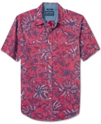 With a funky palm tree print, this American Rag shirt will take you to your tropical happy place. With a funky palm tree print, this American Rag shirt will take you to your tropical happy place.