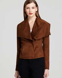 Rich texture and body-con tailoring put an edgy spin on this Bagatelle jacket, finished with dramatic draping for real modern edge. Rich texture and body-con tailoring put an edgy spin on this Bagatelle jacket, finished with dramatic draping for real modern edge.