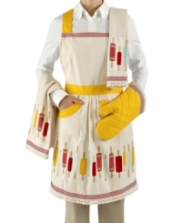 A tough of vintage and a dash of charm make this oven mitt a must for your kitchen. A kitschy rolling pin design and a cheery yellow hue fills your working kitchen with a can-do attitude. A tough of vintage and a dash of charm make this oven mitt a must for your kitchen. A kitschy rolling pin design and a cheery yellow hue fills your working kitchen with a can-do attitude.