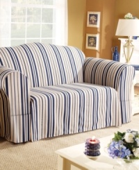 Enliven your living space with the nautical look of the Sure Fit Indigo Stripe slipcover. A no-tie wrap skirt with fitted back elastic offers an air of regality to any hard-to-fit piece. Enliven your living space with the nautical look of the Sure Fit Indigo Stripe slipcover. A no-tie wrap skirt with fitted back elastic offers an air of regality to any hard-to-fit piece.