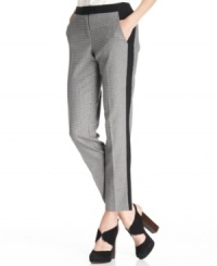 Get on trend with Vince Camuto's tuxedo-striped pants, adorned with a checkered print and a chic ankle-length silhouette. Get on trend with Vince Camuto's tuxedo-striped pants, adorned with a checkered print and a chic ankle-length silhouette.