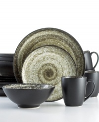 A muted, mottled hue imparts a homespun quality, infusing this striking stoneware set from Sango with a one-of-a-kind, artsy appeal. A muted, mottled hue imparts a homespun quality, infusing this striking stoneware set from Sango with a one-of-a-kind, artsy appeal.