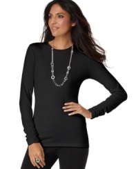 A classic petite crewneck tee gets refreshed with ruched cuffs, from Alfani. A classic petite crewneck tee gets refreshed with ruched cuffs, from Alfani.