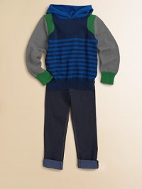 This cute color-block sweater pairs bold stripes and ribbed detailing from shoulder to hem for a sporty look that's anything but ordinary.Attached hoodLong sleeves with ribbed cuffsRibbed hem with side ventsOrganic cottonMachine washImported This cute color-block sweater pairs bold stripes and ribbed detailing from shoulder to hem for a sporty look that's anything but ordinary.Attached hoodLong sleeves with ribbed cuffsRibbed hem with side ventsOrganic cottonMachine washImported
