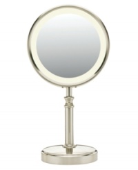 Flip to see eye to eye on the 10x magnified side or face to face on the 1x magnified side. The fluorescent bulb provides highlighting illumination, using 60% less energy while providing 30% more light, so you can find all of the areas that need attention. 1-year warranty. Model BE116T. Flip to see eye to eye on the 10x magnified side or face to face on the 1x magnified side. The fluorescent bulb provides highlighting illumination, using 60% less energy while providing 30% more light, so you can find all of the areas that need attention. 1-year warranty. Model BE116T.