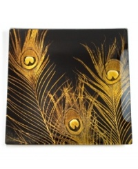 Lavish gold plumes pop against solid black in the attention-grabbing Peacock platter from Prima Designs' collection of serveware and serving dishes. Foil within adds a brilliant metallic quality to already-brilliant glass. Lavish gold plumes pop against solid black in the attention-grabbing Peacock platter from Prima Designs' collection of serveware and serving dishes. Foil within adds a brilliant metallic quality to already-brilliant glass.