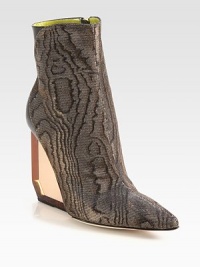 A translucent lucite wedge modernizes this pumped-up ankle boot in metallic brocade and soft leather. Lucite wedge, 4 (100mm)Metallic brocade and leather upperPoint toeSide zipLeather lining and solePadded insoleMade in Italy A translucent lucite wedge modernizes this pumped-up ankle boot in metallic brocade and soft leather. Lucite wedge, 4 (100mm)Metallic brocade and leather upperPoint toeSide zipLeather lining and solePadded insoleMade in Italy