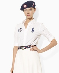 Designed in celebration of Team USA's participation in the 2012 Olympics, a long-sleeved shirt in breathable cotton jersey is emblazoned with an athletic-inspired patch and signature big pony. Designed in celebration of Team USA's participation in the 2012 Olympics, a long-sleeved shirt in breathable cotton jersey is emblazoned with an athletic-inspired patch and signature big pony.
